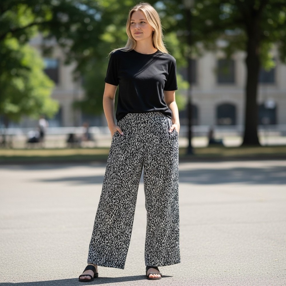DKNY Womens Logo Ikat Print Wide Leg Pants Black White P5DZVN57 Small NWT